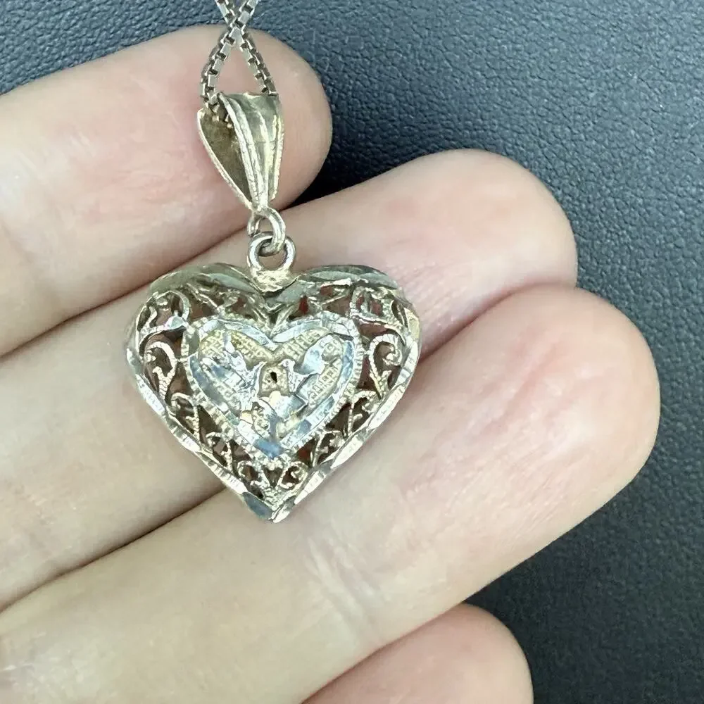 VTG STERLING SILVER 20” Chain Necklace DIAMOND CUT HEART PENDANT Filigree Birds